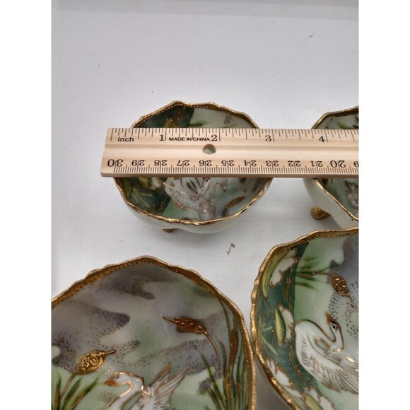 Set Of 4 Vintage Nippon Hand-Painted Swan-Themed Footed Bowls With Gold Trim - Picture 3 of 7